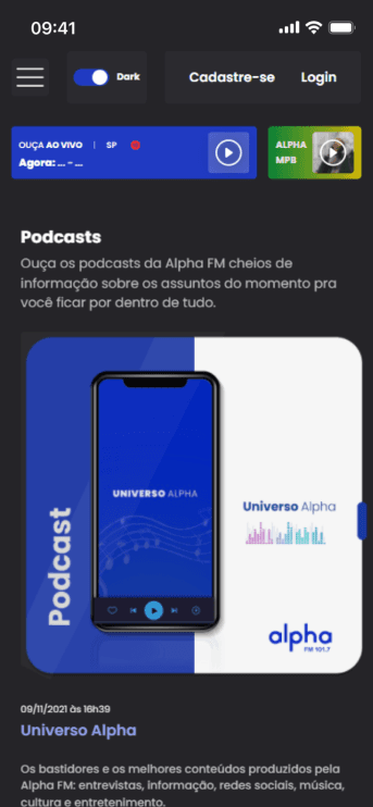 Tela mobile do case alpha-fm
